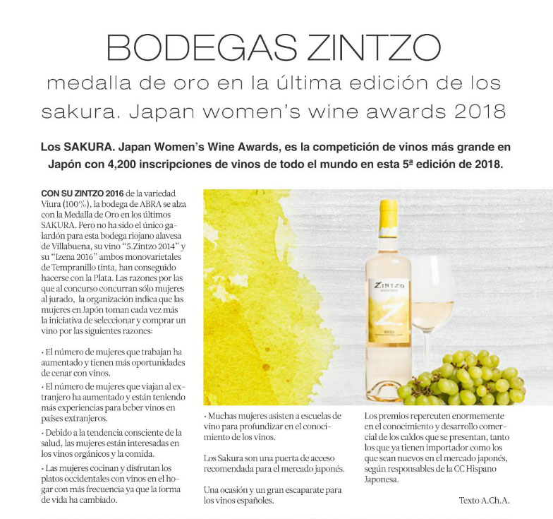 Medalla de Oro y 2 medallas de Plata para nuestros vinos en los premios SAKURA 2018